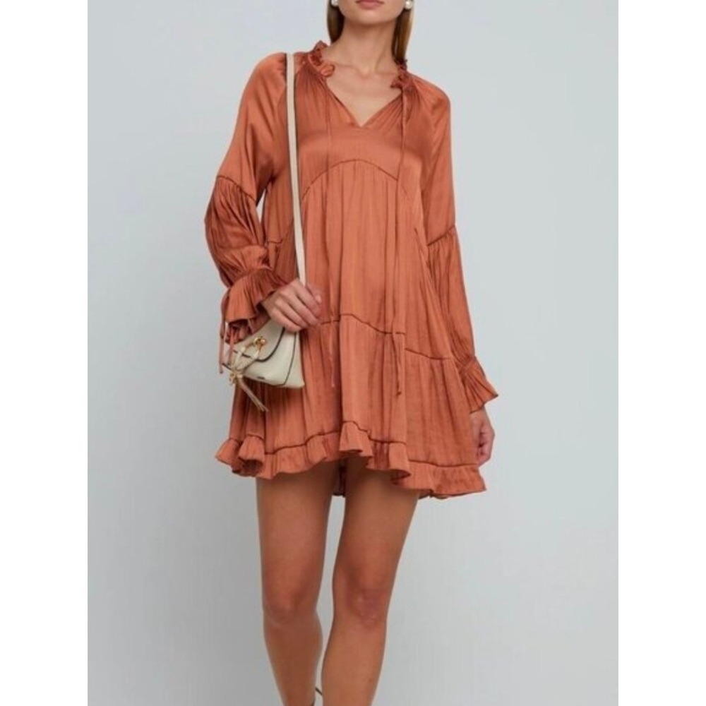 O.P.T. Tiered Ruffle Pullover Baby Doll Mini Dress Rose Gold Boho Silky Womens M